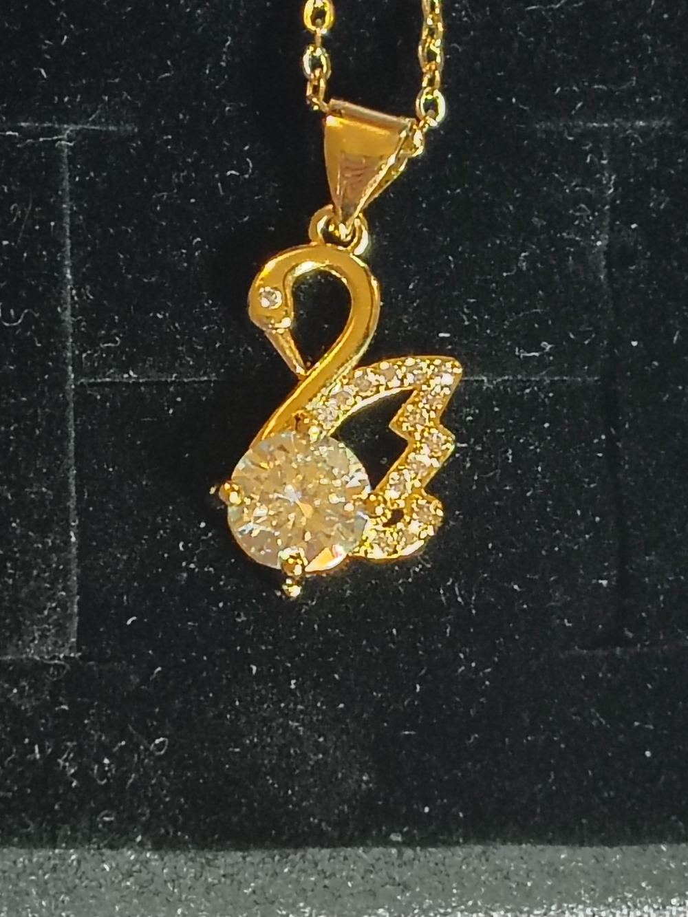 Gold Swan Pendant Necklace with Clear Crystal Accent